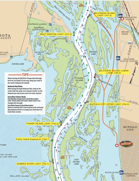 Map from Big River Escape dock to Mississippi River main channel
